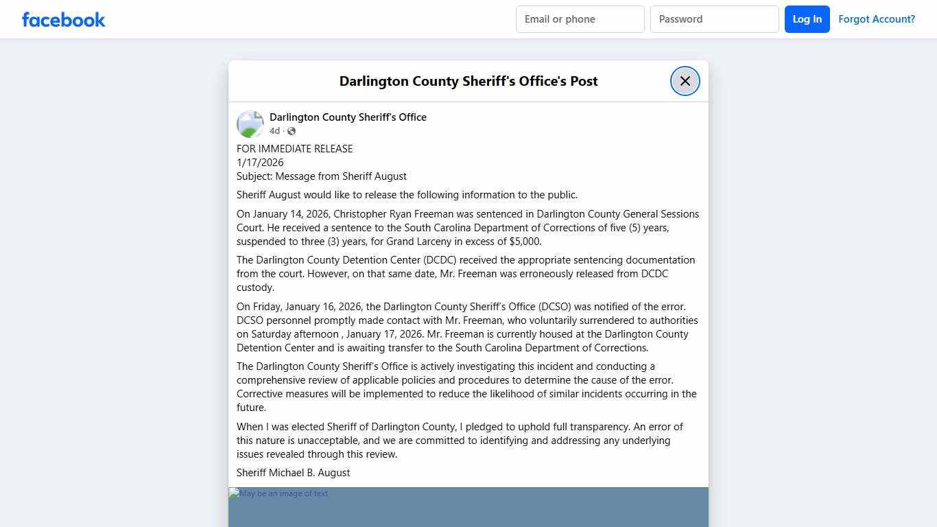 FOR IMMEDIATE RELEASE... - Darlington County Sheriff's Office Facebook